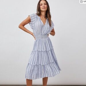 Rails Amelia Dress Midi Smocked Waist Blue White Striped Linen Size XL